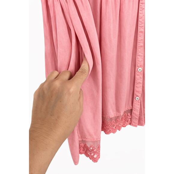 2Love Medium Pink Babydoll Tunic Blouse Lace Hem Boho Cottagecore Button Front - Picture 9 of 9